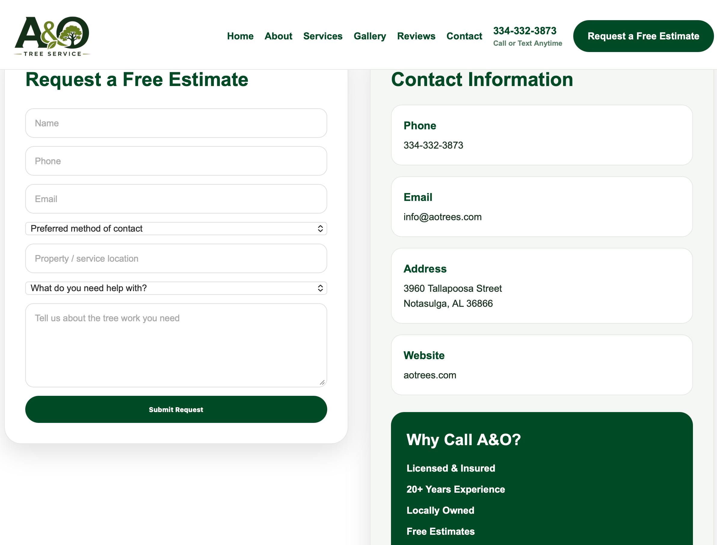 A&O Tree Service contact page
