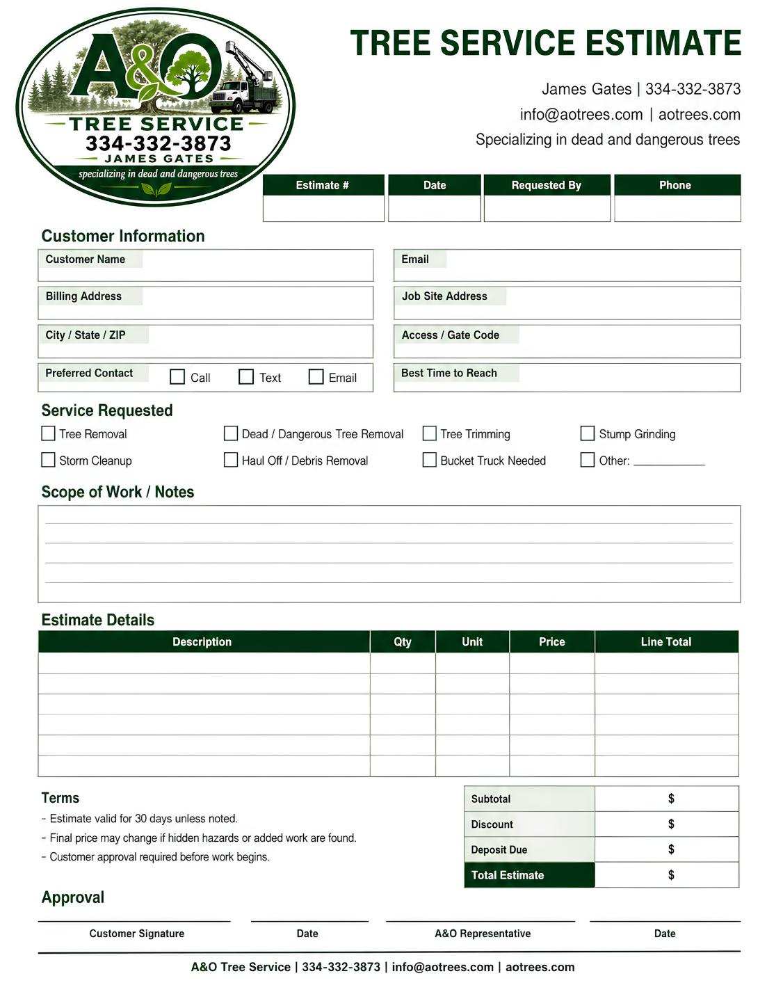 A&O Tree Service estimate sheet